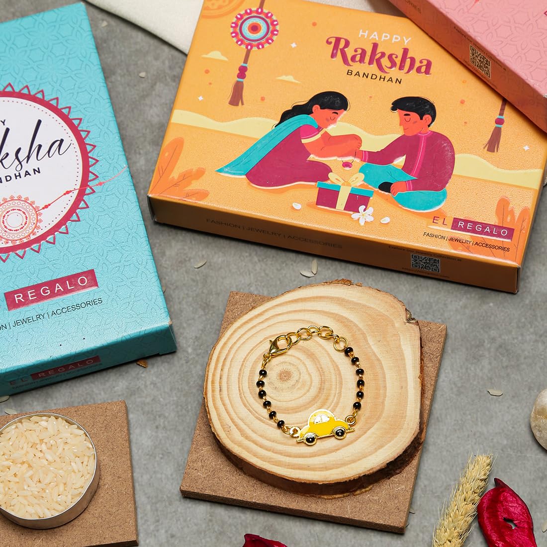 El Regalo 1PC Cute Kids Nazaria Rakhi for Little Brother - Kids Chrams Nazaria Rakhis for Babies/Toddlers with Roli Chawal, Rakhi Message Card in Rakhi Gift Box (Yellow Car Nazaria)