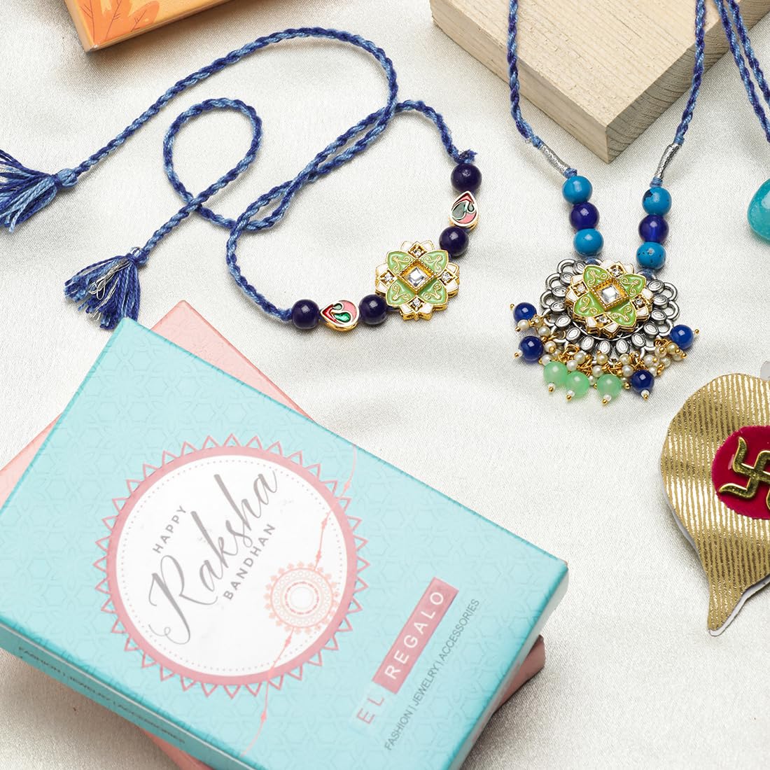 El Regalo Designer Bhaiya- Bhabhi Rakhi Luma/Lumba Set- Kundan, Pearls Rakhi with Roli Chawal in Gift Box- Luma Convertible into Necklace (Option-9)