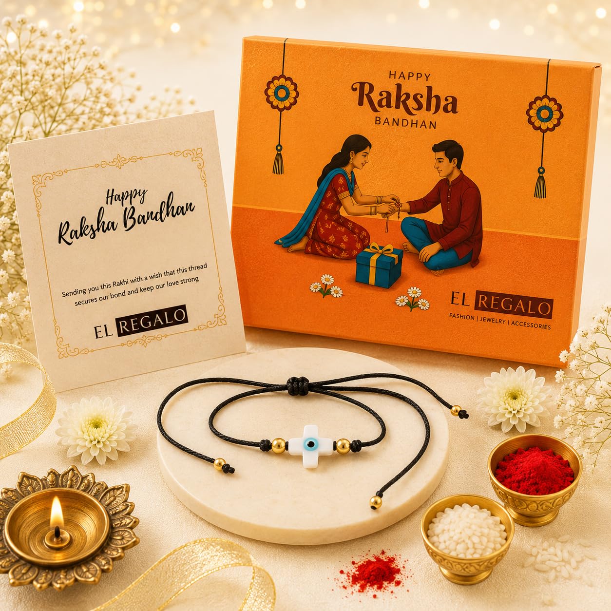 El Regalo 2PCs Evil Eye Minimalist Rakhi Combo Set for Brothers/Bhai-Bhatija with Roli Chanwal, Rakhi Message Card in Rakshabandhan Box