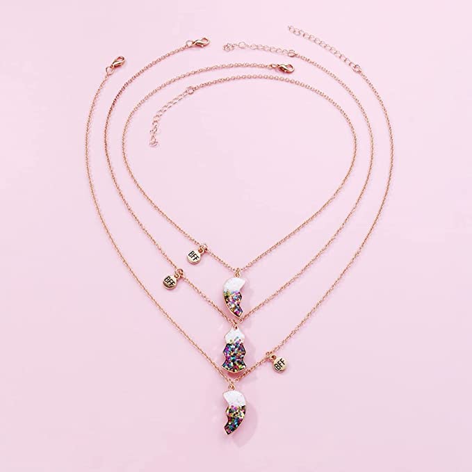 El Regalo 3 PCs BFF Best Friend Forever Split Heart Magnetic Matching Pendant Necklaces Set for Kids/Girls/Teens- Friendship Puzzle Necklaces Sets for Besties (Sparkly Off White Heart)