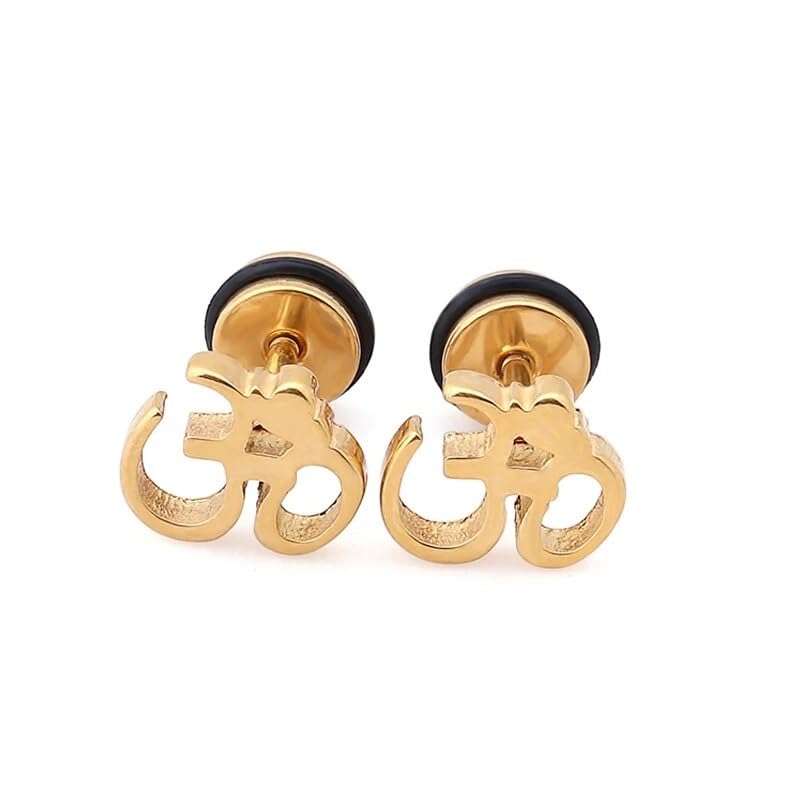 El Regalo 1 Pair Stainless Steel OM Stud Earrings for Boys/Men- Anti Tarnish, Waterproof OM Religious/Meditation Jewelry (Gold)