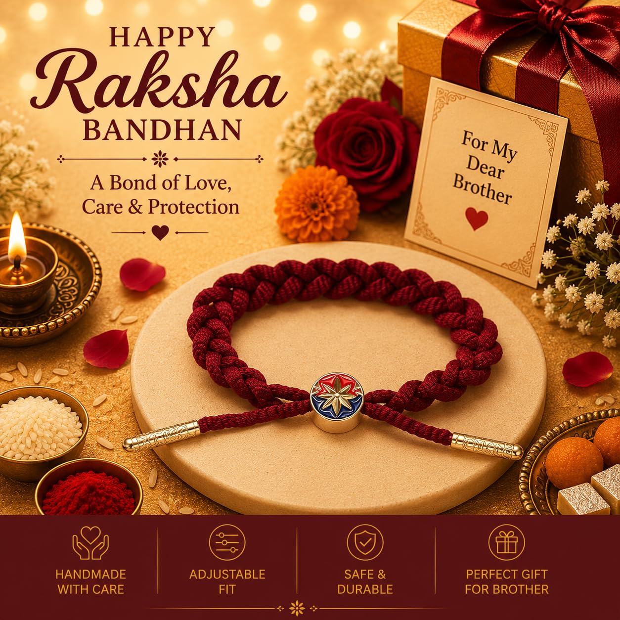 El Regalo Braided Superhero Charm Bracelet Rakhi for Kids & Teen Brothers- Star Emblem - Maroon