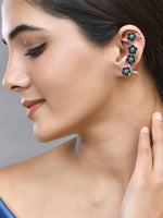 El Regalo Traditional Oxidized German Silver Non Pierced Floral Cuff Earrings for Women (Green Flower)