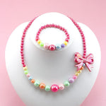 El Regalo Shiny Rose Pink Bow Beads Necklace & Bracelet Jewelry Set for Girls/Kids- Colorful Rainbow Beads Bow Girls Jewelry Set