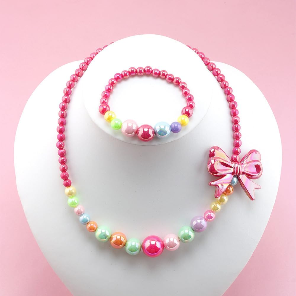 El Regalo Shiny Rose Pink Bow Beads Necklace & Bracelet Jewelry Set for Girls/Kids- Colorful Rainbow Beads Bow Girls Jewelry Set