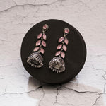 El Regalo Elegant Oxidized Stones Leaves Brass Jhumka Earrings- Silver Lookalike Ethnic Long Jhumki Earrings for Women Girls (Pink)