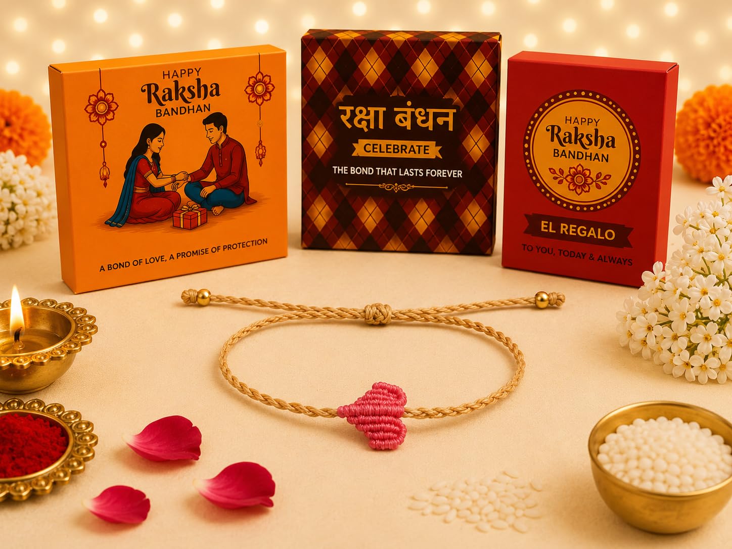 El Regalo Simple Heart Bracelet Rakhi for Brother - Handwoven Adjustable Macrame Rakhi with Roli Chawal | Minimalist Rakshabandhan Bracelet for Bhai in Elegant Rakshabandhan Box (Pink)