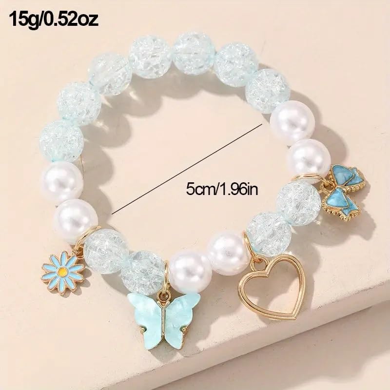 El Regalo 1PC Butterfly, Love Heart, Bow, Flower Charms Crystals Beads Bracelet for Girls - Fashion Bracelets for Girls/Women (Light Blue)