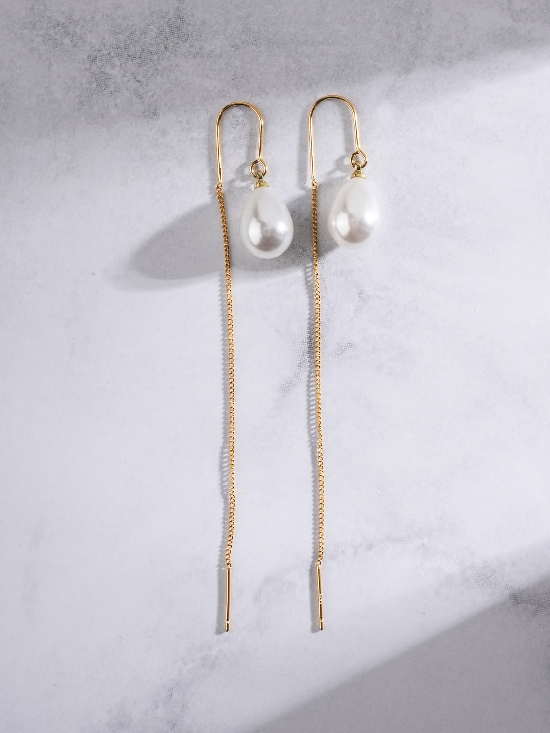 El Regalo 1 Pair Long Needle-Threader Earrings - Trendy, Contemporary, Fashionable Sui Dhaaga Earrings with Shell, Butterfly, Heart, Mermaid Charms (Golden Pearl Drop Threader)