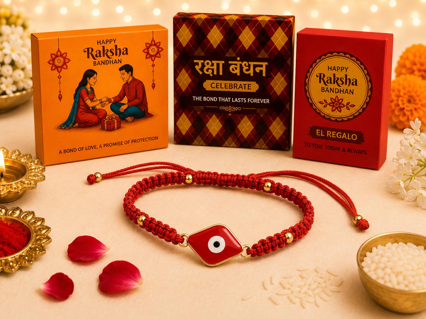 El Regalo Evil Eye Bracelet Rakhi for Brother with Roli Chawal in Gift Box (Red -A)