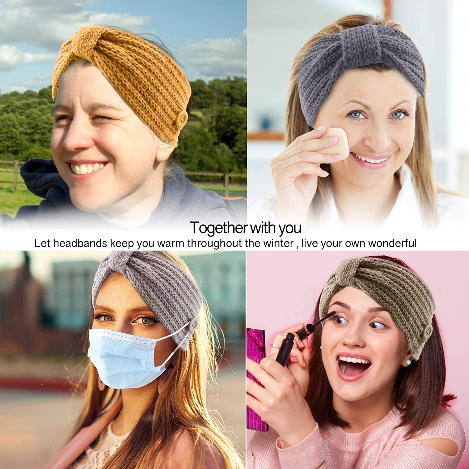 El Regalo Knitted Winter Twist Woolen Warm Headband with Buttons for Face Mask Cover | Cold Weather Hair Accessories Head Wrap | Winter Designer Headbands for Women & Men (Beige)