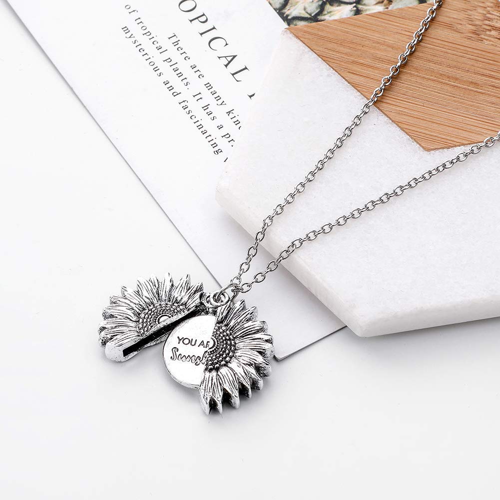 El Regalo "You Are My Sunshine" message Sun Flower Openable Pendant Necklace for Girls & Women (Metallic Silver)- Valentines Day Gift