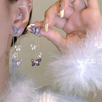 El Regalo Cute 3D Crystal Butterfly Tassel Earrings for Women & Girls | 18K Gold Plated Long Hanging Drop Linear Earrings | Elegant Korean Aesthetic Western Party Jewelry (Purple)