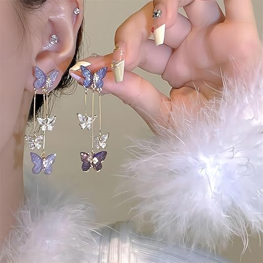 El Regalo Cute 3D Crystal Butterfly Tassel Earrings for Women & Girls | 18K Gold Plated Long Hanging Drop Linear Earrings | Elegant Korean Aesthetic Western Party Jewelry (Purple)