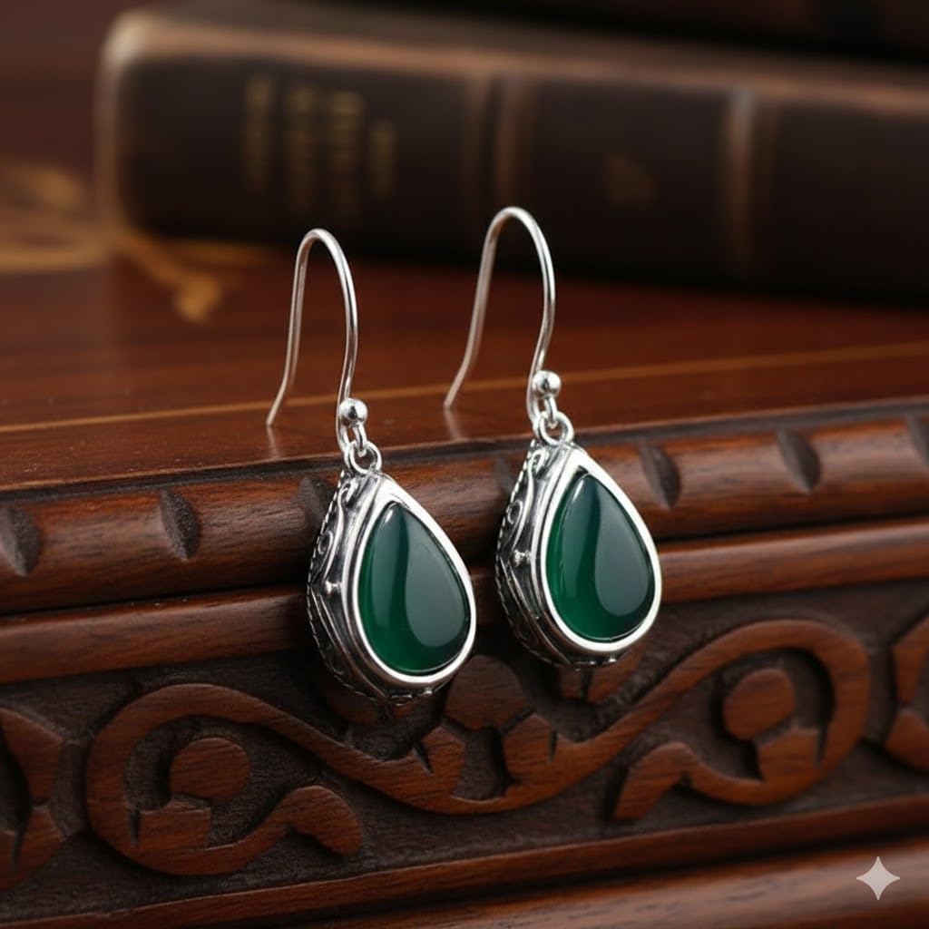 El Regalo Small Vintage Teardrop Earrings for Girls & Women- Elegant Filigree Carved Boho Dangle Earrings, Cut Stone Drop Earrings, Jewelry Gift (Green)