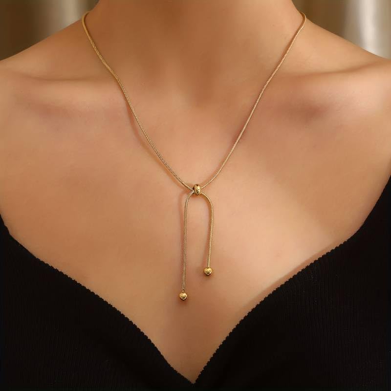 El Regalo Women's Stainless Steel Slider Tie Necklace- Anti-Tarnish/Waterproof Fashion Snake Chain Sliding Beads Necklace (Gold)