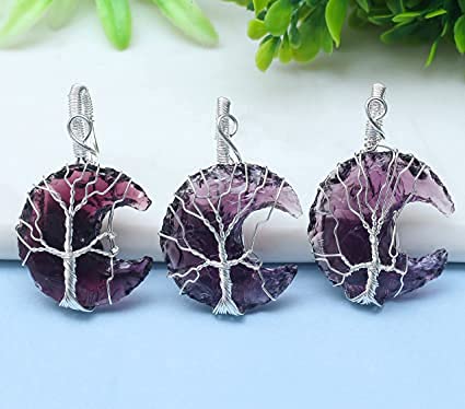 El Regalo Tree of Life Wire Wrapped Crescent Moon Natural Stones Healing Crystal Chakra Pendant Necklace - Unique Handcrafted Gemstones Pendant Necklaces (Amethyst) For Unisex Adult