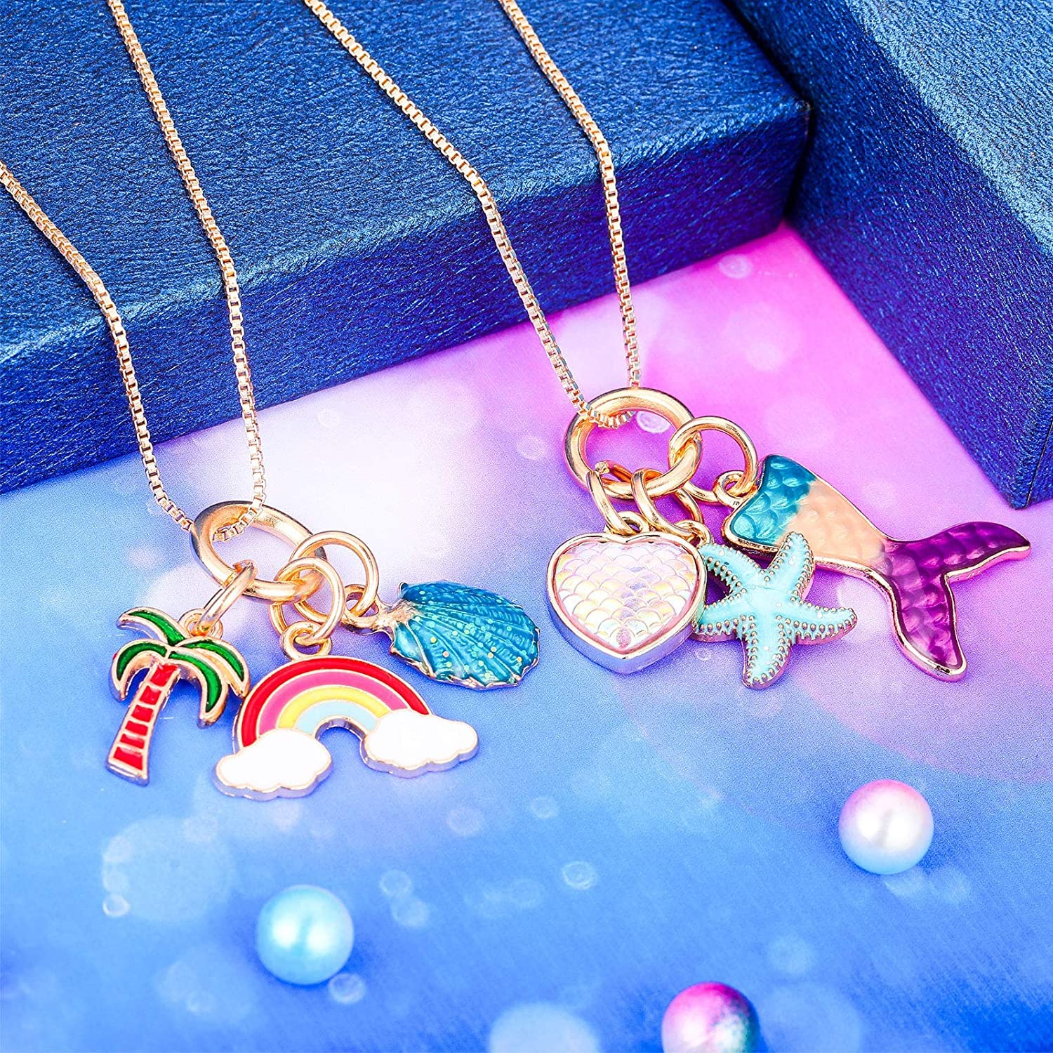El Regalo 1 PC Kids Enamel Charms Pendant Necklaces For Girls/Teens- Unicorn Rainbow Mermaid Love Heart Starfish Shell Star Pendants Play Necklace Jewelry (Rainbow Tree & Shell Necklace)