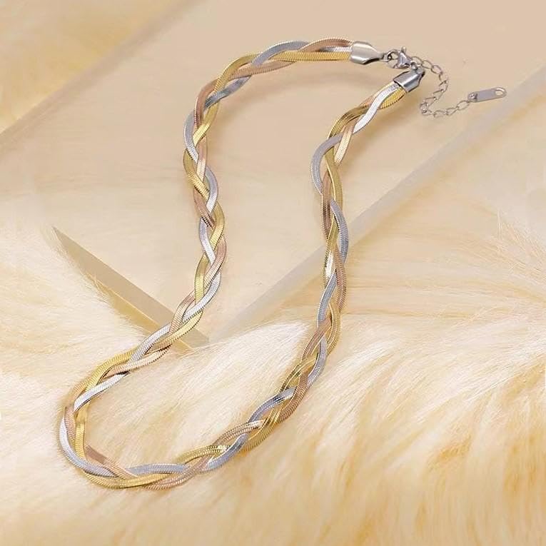 El Regalo Western Tri-Color Stainless Steel Braided Woven Collor Chain Necklace for Girls & Women- Anti Tarnish, Contemporary Necklace
