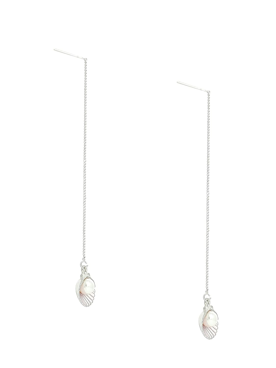 El Regalo 925 Silver Plated Minimalist Long Thin Linear CZ Elegant Threader Dangle Chain Earrings for Girls & Women (Pearl Shell Threader Earrings)