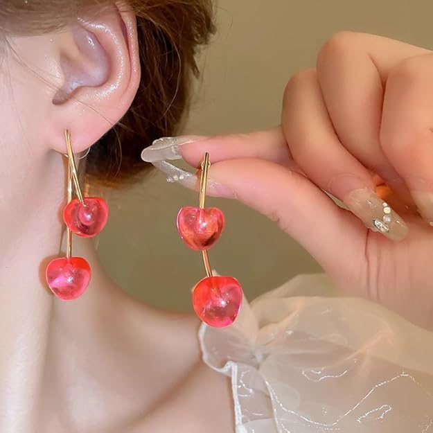 El Regalo Cute Double Cherry Front Back Jacket Earrings for Girls & Women | Glossy Fruit Design Gold-Tone Earrings | Fashion Statement Dangle Earrings for Party & Casual Wear (Translucent Candy Pink)