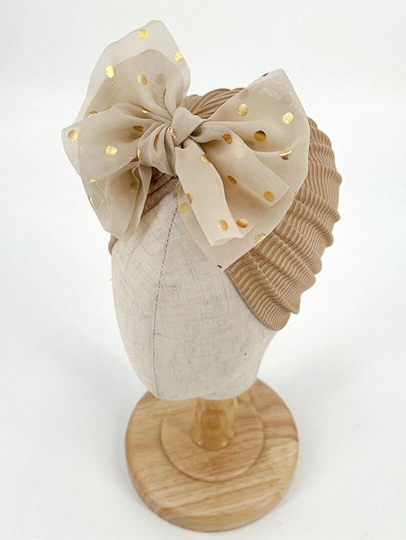 El Regalo 1PC Baby Turban Headband - Soft Nylon Bow with Golden Polka Dots - Newborn to Toddler Headwrap for Baby Girls - Stretchy & Comfortable Fit for 6 Months to 5 Years (Golden, One Size)