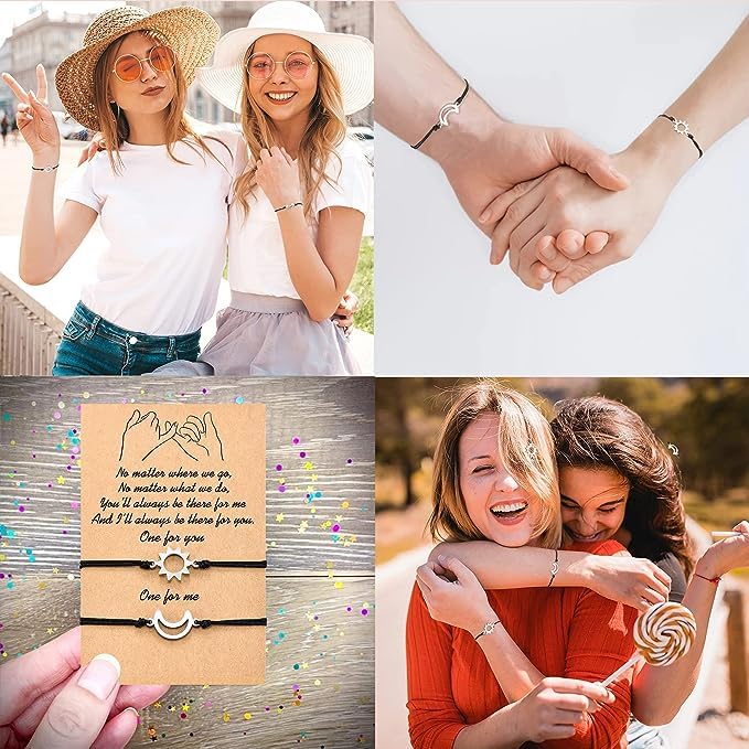 El Regalo 2Pcs Bff Best Friends Sun Moon Pinky Promise Friendship Bracelet/Couple Bracelets, Bff Long Distance Matching Bracelets For Besties For Girls (Silver)