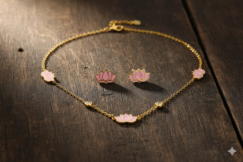 El Regalo Stainless Steel Flower Earrings & Necklace Jewelry Set for Girls & Women- Anti Tarnish/Waterproof Floral Jewelry