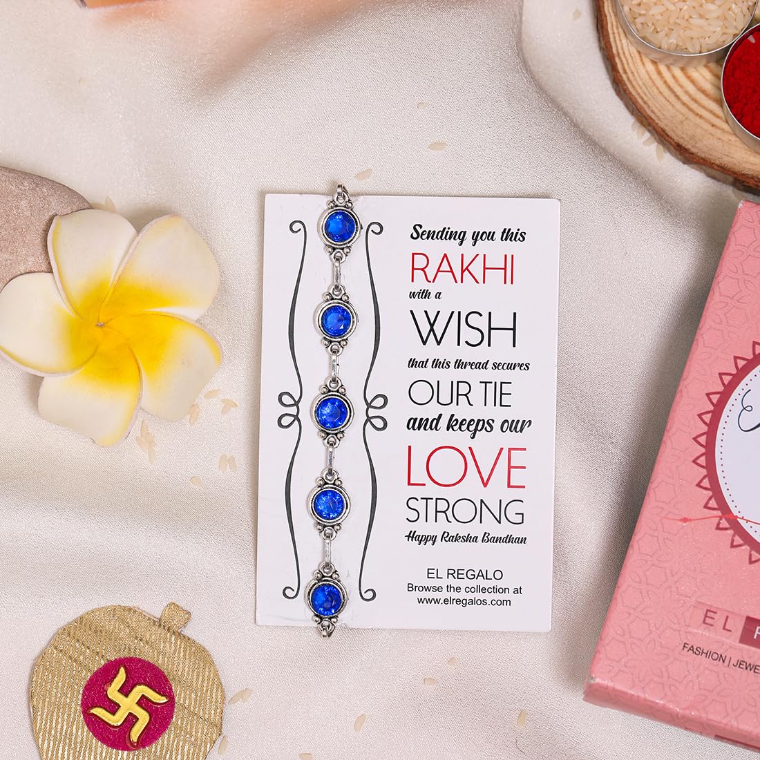 El Regalo 1PC Designer Stones Studded Bracelet Rakhi for Brother/Bhai- Rakhi with Roli-Chawal Shagun, Message Card in Rakhi Gift Box (Blue)