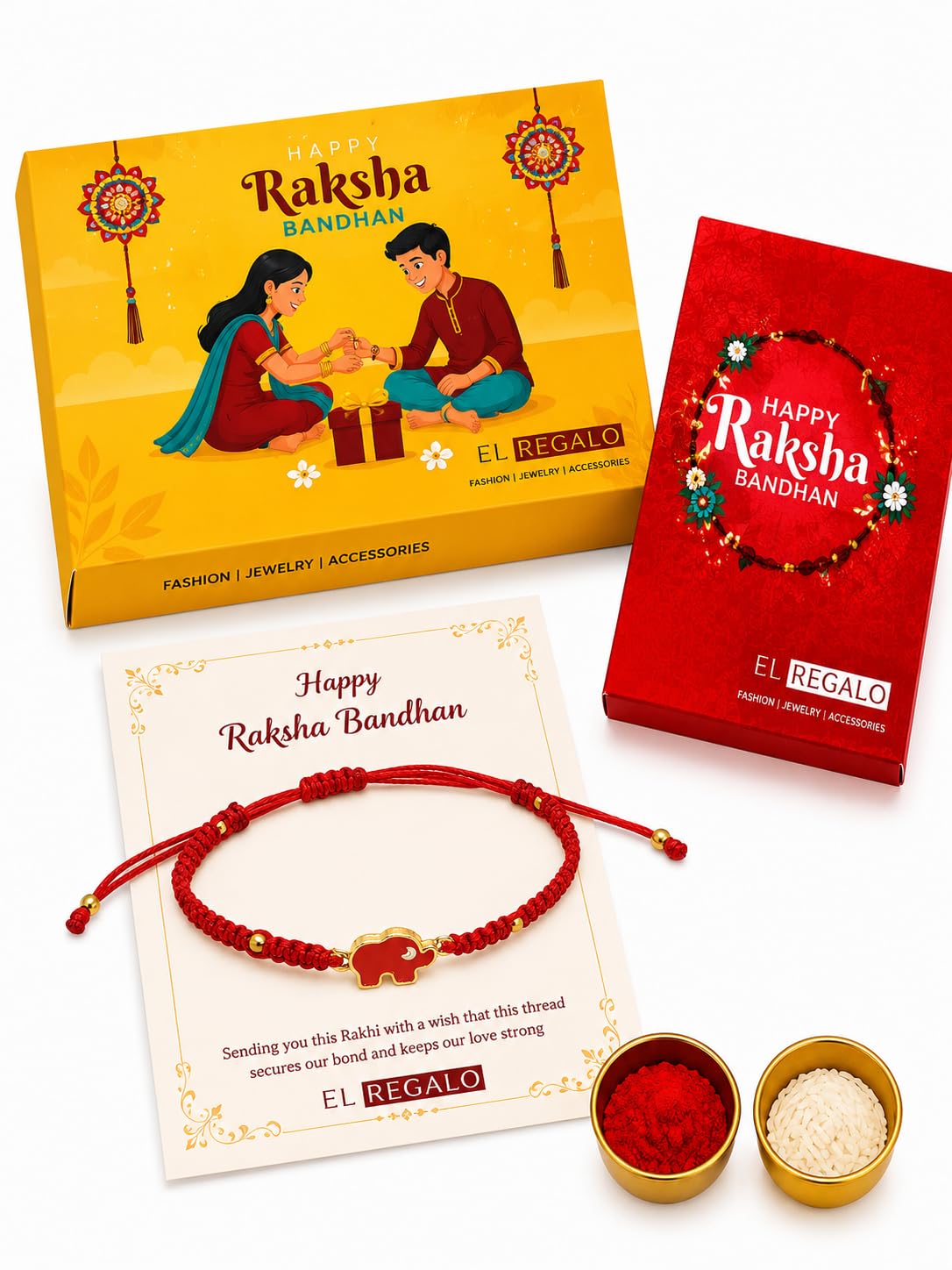 El Regalo 1PC Elephant Evil Eye Rakhi for Brother with & Message Card in Gift Box (Red Elephant Red Rakhi)
