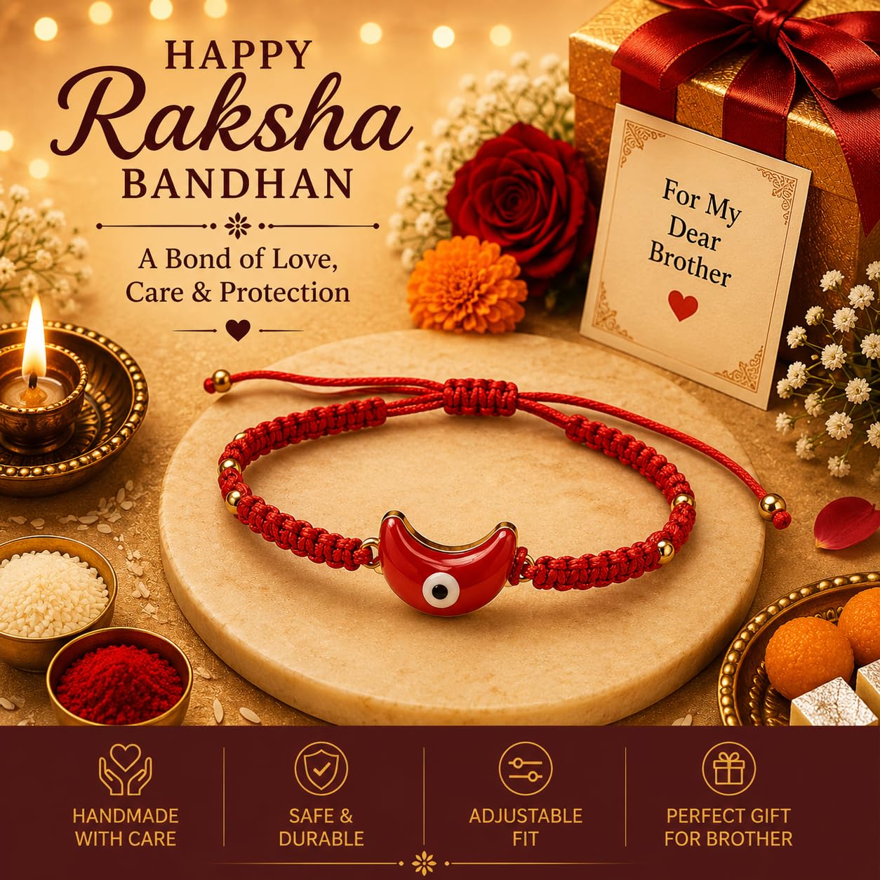 El Regalo Evil Eye Bracelet Rakhi for Brother with Roli Chawal in Gift Box