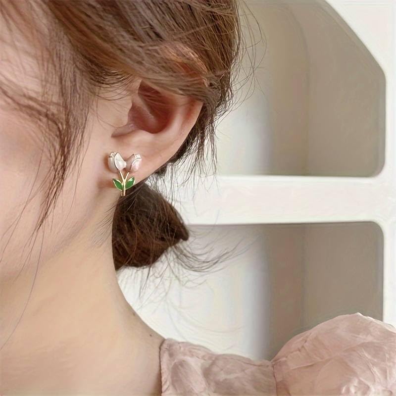 El Regalo Cute Tiny Pink Tulip Flower Bud Stud Earrings for Girls & Women (2 Tulip Buds)