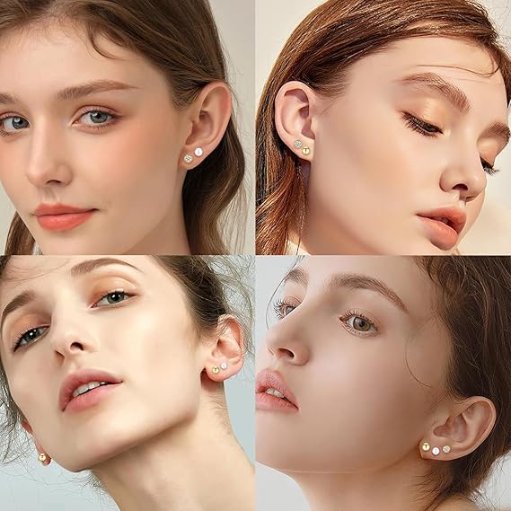 El Regalo 3 Pairs Stainless Steel Cartilage Earrings Set for Women & Men - 18K Gold Plated 6mm Small Stud Earrings Combo | Cubic Zirconia, Round Ball & Pearl Piercing Jewellery for Helix, Tragus, Lobe