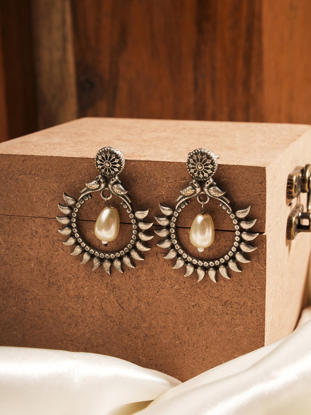 El Regalo Women's & Girl's Traditional Pearl Drop Oxidized Brass Stud Earrings in Antique Silver Finish- Versatile Earrings for Western & Traditional Outfits