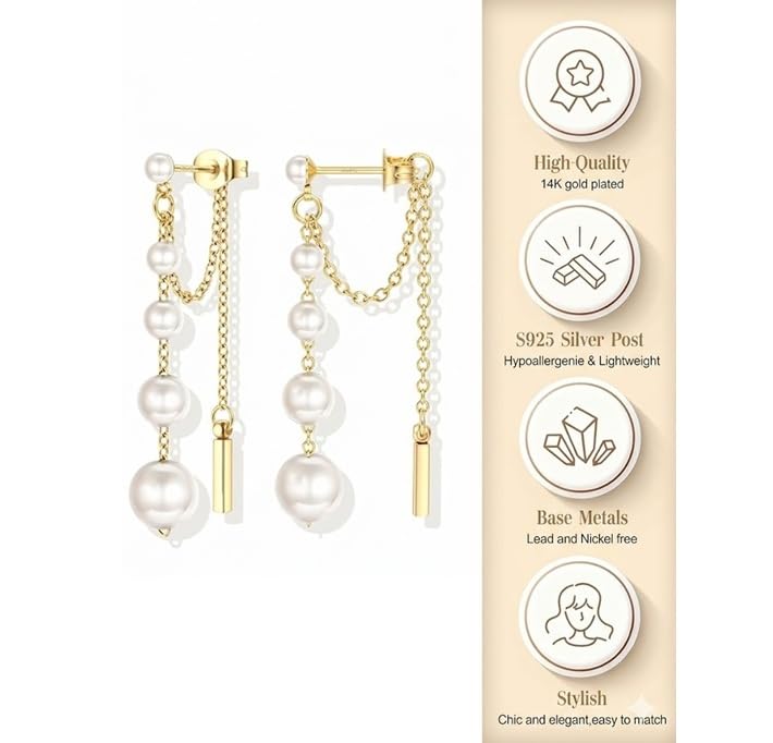 El Regalo 14K Gold Plated Pearl Front Back Earrings for Women/Girls - Graduated Pearl Drop Tassel Chain Jacket Earrings - Hypoallergenic Western Jewelry for Weddings, Parties & Gifting