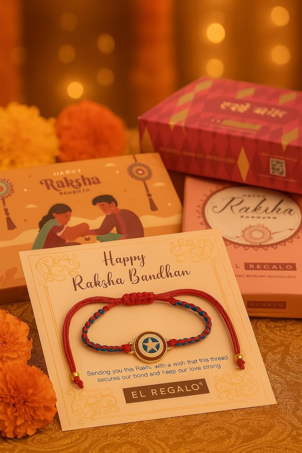 El Regalo Cute Rakhi for Brothers- Avenger, Bro, Om, Evil Eye & More | Handcrafted with Card, Roli Chawal & Rakshabandhan Box | Raksha Bandhan Bracelets for Kids, Brothers, Adults (Avenger Rakhi)