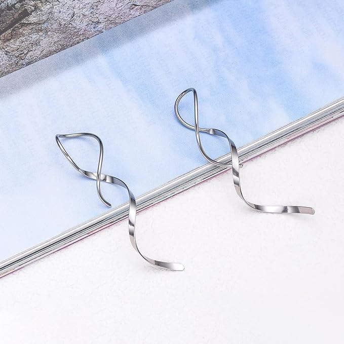 El Regalo Western Spiral Twisted Threader Earrings for Girls & Women- Stainless Steel/Anti-Tarnish Drop Dangle Handmade Twisted Linear Curved Minimal Everyday Earrings (Silver)