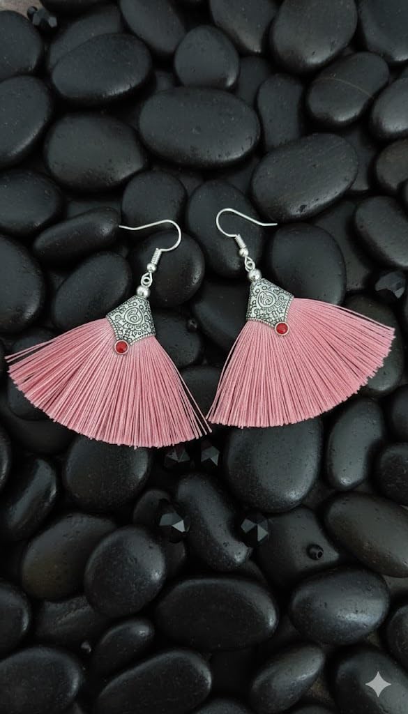 El Regalo Tribal Boho Tassel Earrings for Women & Girls | Oxidised Silver Finished Silk Thread Dangle & Drop Earrings | Handcrafted Bohemian Statement Jewellery for Ethnic, Western & Fusion Clothes (Pink)