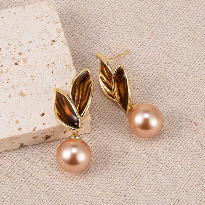 El Regalo Exquisite Champagne Leaf Pearl Drop Earrings for Women - Vintage Glossy Pearl Leaf Stud Earrings - Elegant Jewelry for Special Occasions