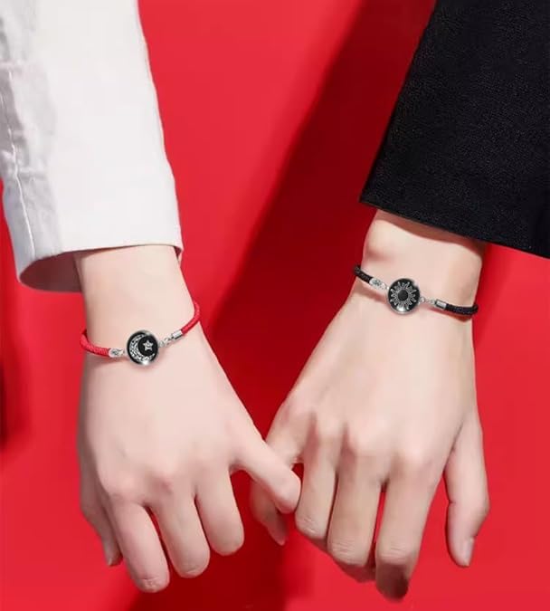 El Regalo 2PCs Sun Moon Couple Bracelets Set - Sun, Moon, Star Pinky Promise Bracelets Combo (Red & Black)