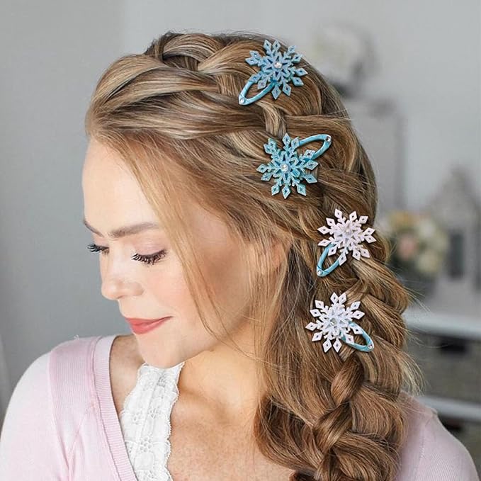 El Regalo 4 PCs Beautiful Snowflake Hair Pins - Snowflake Hair Clips Blue White Christmas Hair Accessories Xmas Rhinestone Hairpin Glitter Snowflake Barrettes (Big Snowflakes)