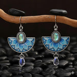 El Regalo Vintage Boho Lotus Flower Dangle Earrings for Women - Blue Enamel Fan-Shaped Drop Earrings with Iridescent Moonstone Center & Crystal Drip - Ethnic Gypsy Style Jewelry