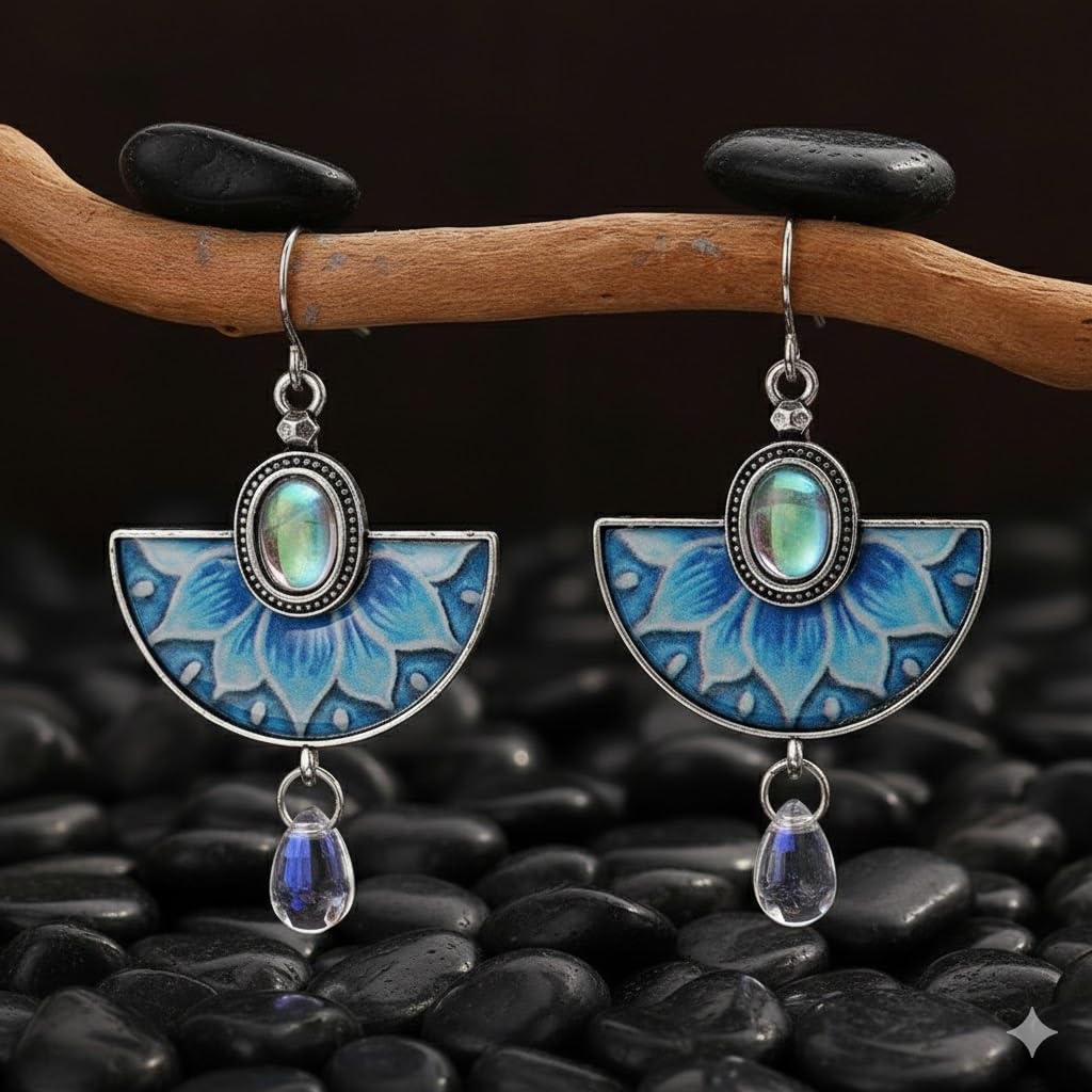 El Regalo Vintage Boho Lotus Flower Dangle Earrings for Women - Blue Enamel Fan-Shaped Drop Earrings with Iridescent Moonstone Center & Crystal Drip - Ethnic Gypsy Style Jewelry