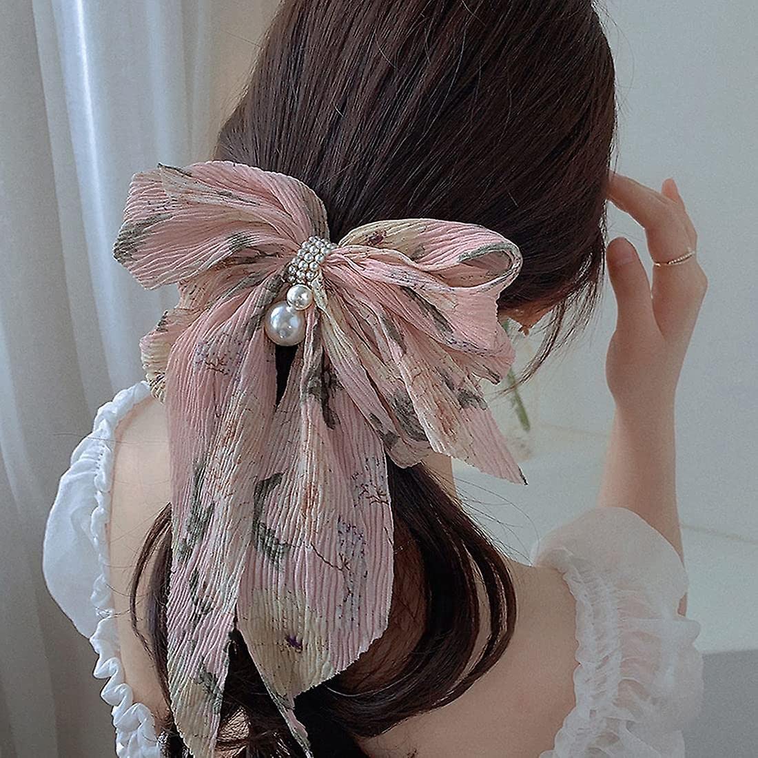 El Regalo Big Bow Floral Hair Clip- Long Ribbon Streamer Super Fairy Fashion Hair Accessories Head Hairpin Headdress Hair accessories for Girls/Women (Pink Shade)