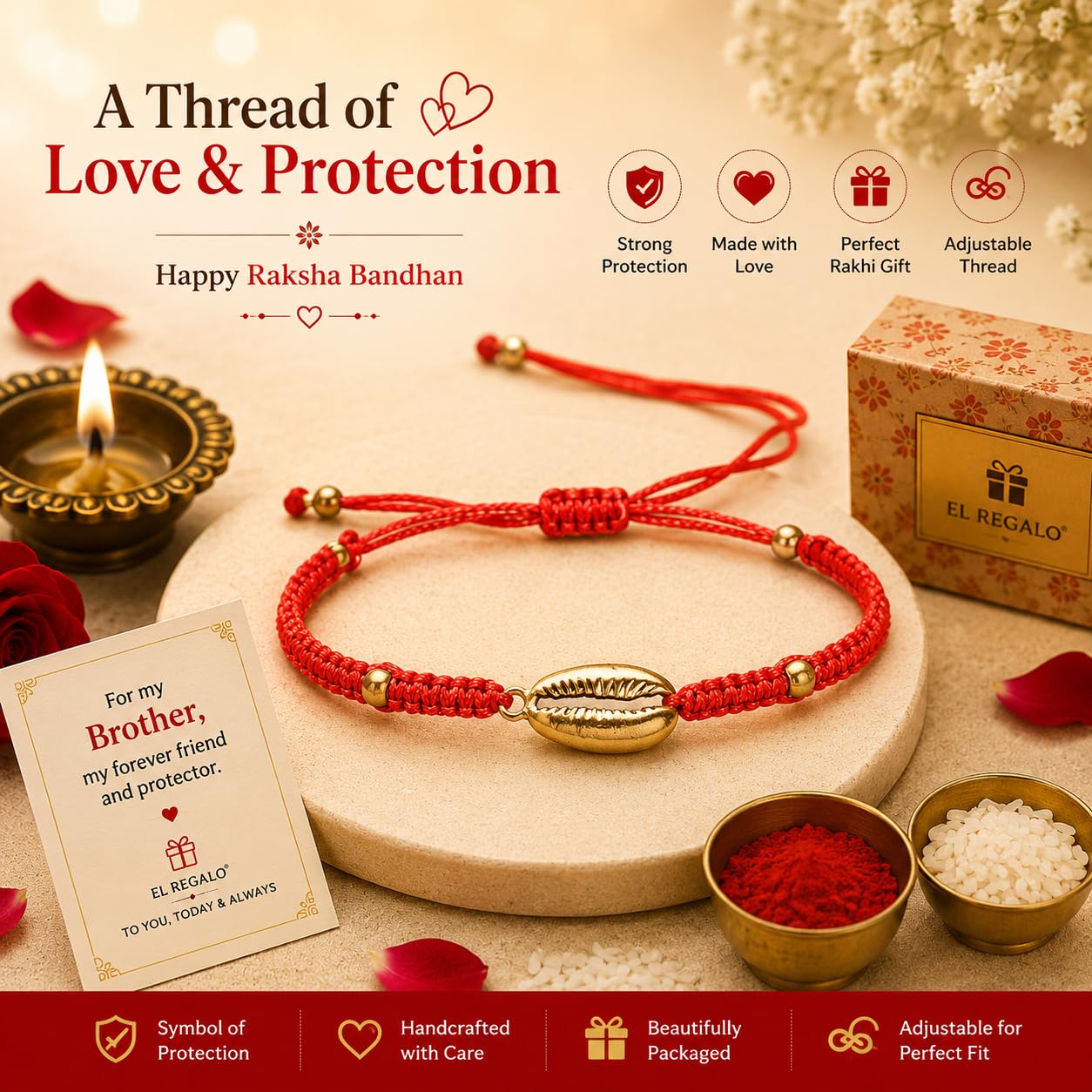 El Regalo Red Silk Thread Golden Shell Rakhi for Brother - Elegant Lucky Cowrie Shell Rakhi with Roli Chawal in Gift Box (Red Golden Shell)