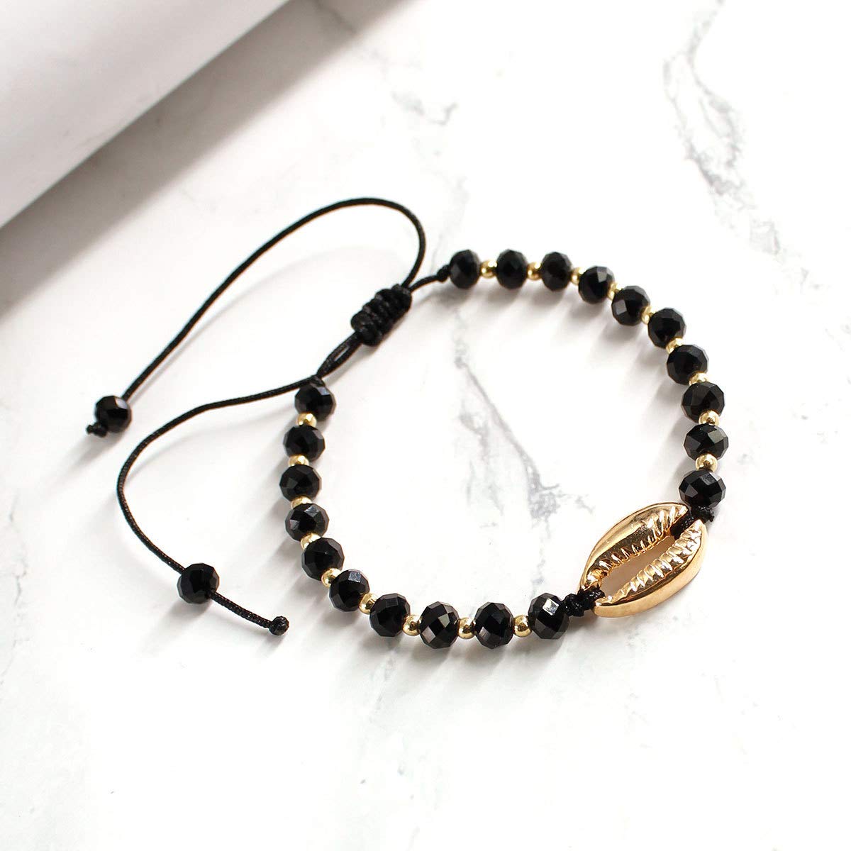 El Regalo Black Beads Golden Shell Handwoven Macrame Adjustable Anklet cum Bracelet for Girls and Women