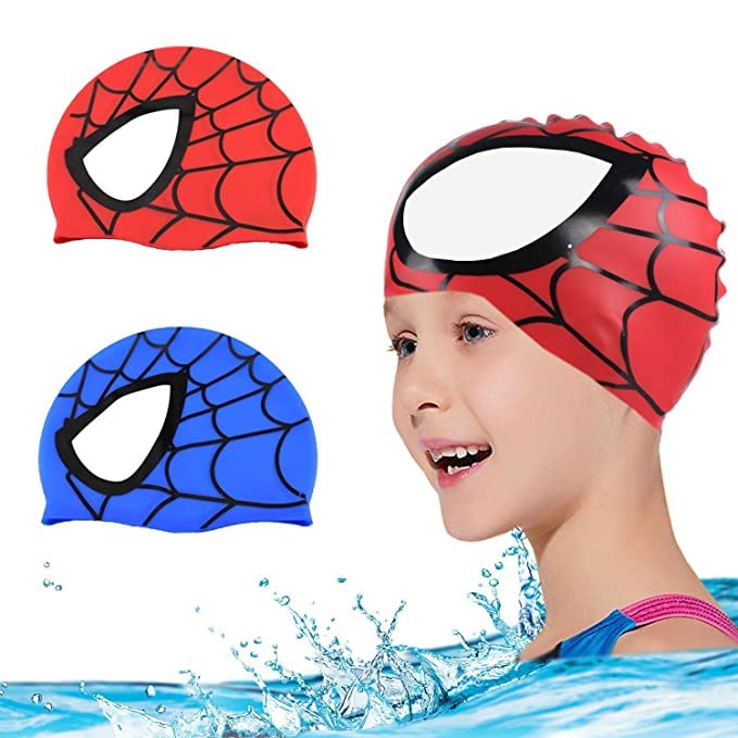 El Regalo Kids Spiderman Swimming Caps for Girls & Boys - Silicone Swimming Hat for Girls Boys Waterproof Bathing Caps for Long & Short Hair (Blue Spiderman Cap)