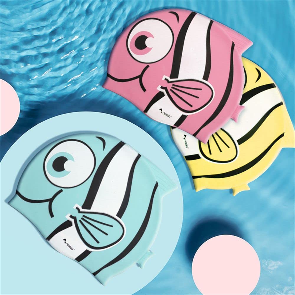 El Regalo Cartoon Fish Swimming Caps for Kids/Girls/Boys (4-16 Years Age Group)- Silicone Waterproof Stretchy Swimming Caps for Girls Boys for Long & Short Hair (Grey)