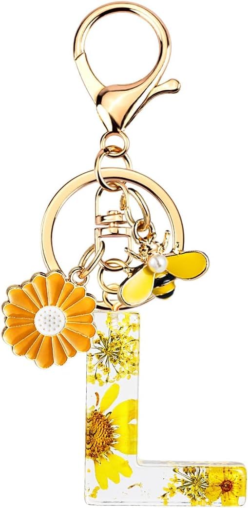 El Regalo Personalized Name Initials Natural Flowers & Bee Charm Keychain - Custom Letter Keyring with Daisy Flower & Honey Bee Pendant, Purse, Bag, Backpack Accessory (Letter L)
