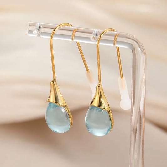 El Regalo Beverly Mint Designs Minimalist Teardrop Drop Earrings for Women & Girls - Classy Pastel Glass Stone Dangle Hooks for Western & Indo-Western Outfits (Aquamarine)